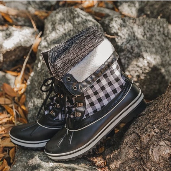 Shoes - SOLD OUT Black & White Buffalo Check Sherpa Ankle Boots